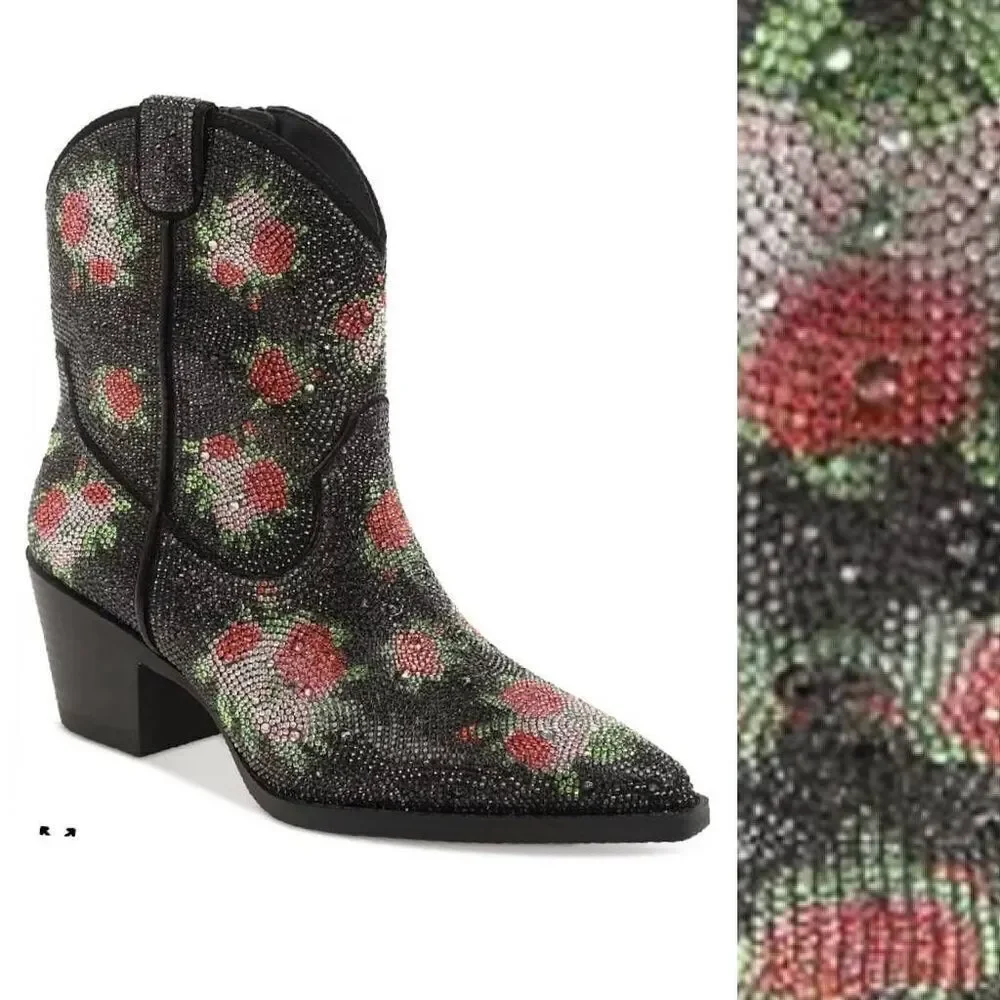 Wild Pair Lacey Black Bling Cowboy Boots SZ 7.5 NWT Pink Floral‎ Festie